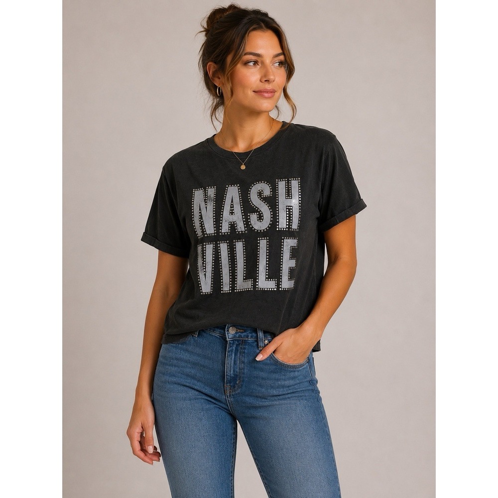 Organic Collective S Nashville Gray Graphic Tee Rhinestone Y2K Western Women’s